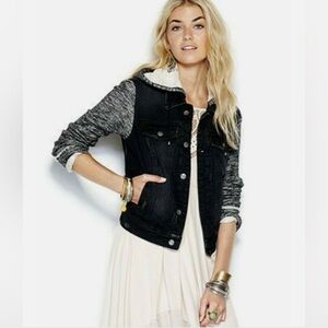 Free People Black Denim Jacket w/ Cloth Sleeves & Hood, Sz. SP, Removable Hood